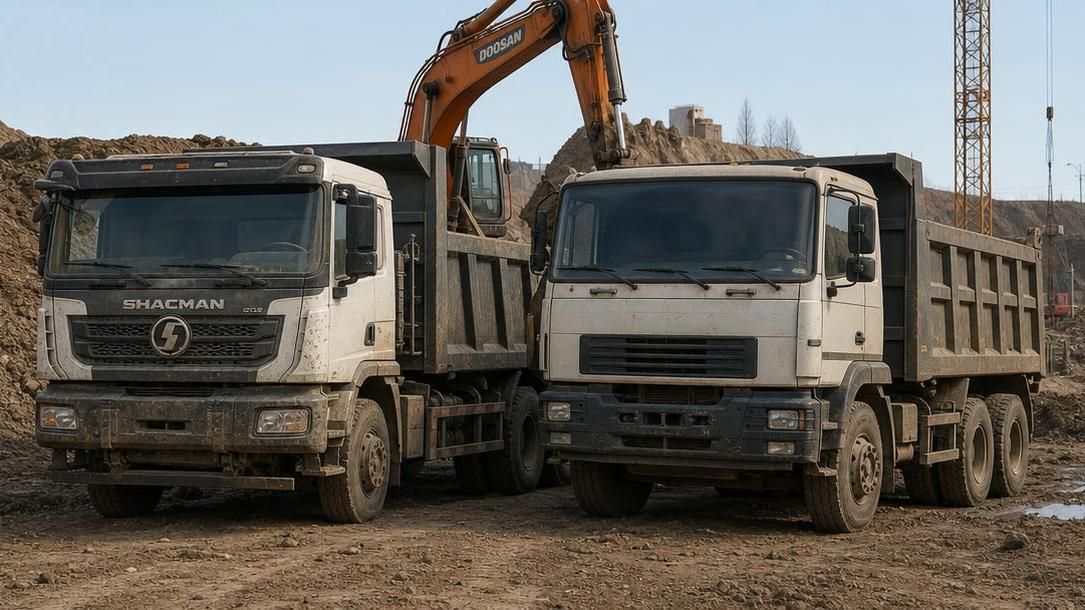 самосвалы Shacman и Камаз рядом на стройплощадке
